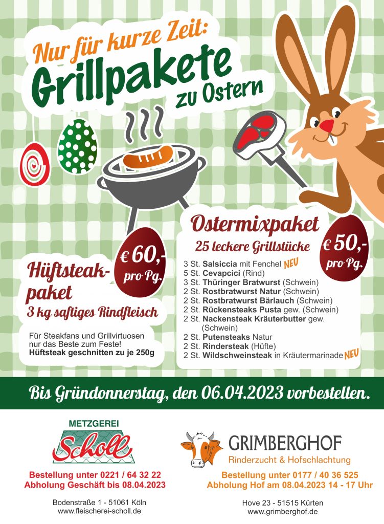 Angebote für Ostergrillpakete zu Ostern mit Steaks Würstchen und weitere Grillspezialitäten vom Grmberghof von Schwein und Rind